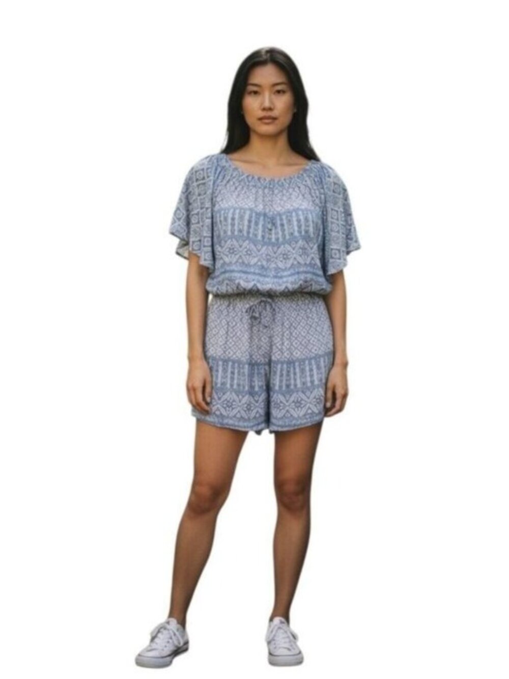 Olivaceous Boho Crinkle Drawstring Waist Romper In Blue Size Small